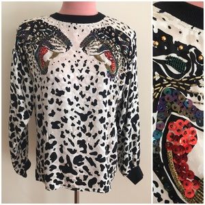 Vintage 80s satin leopard head beaded top